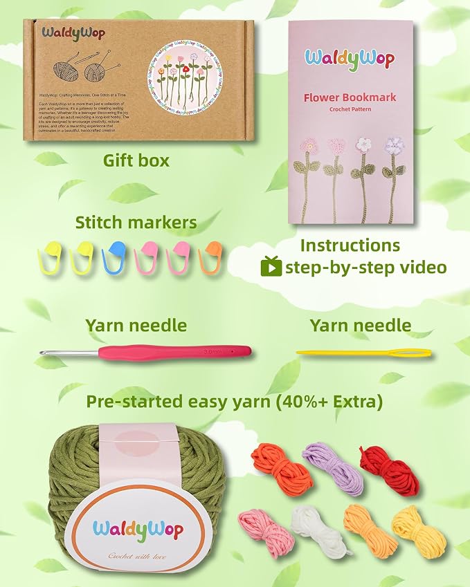 WaldyWop Crochet Kit for Beginners: 8 Flower Bookmarks Knitting Kit w/Video