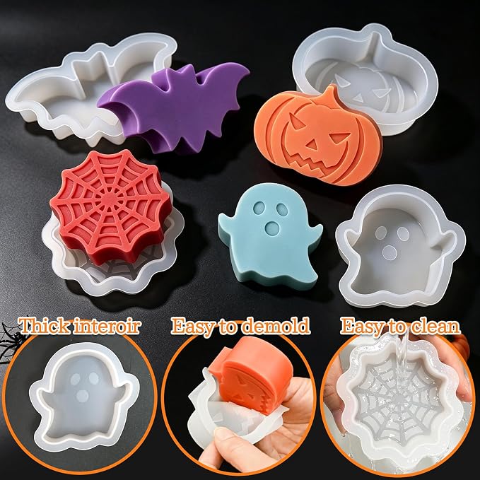 Halloween Candle Molds, Set of 4 Pumpkin Ghosts Bat Soap Molds | Halloween Silicone Molds for Candles Making, Wax, Soap, Clay, Plaster, Epoxy Resin Home Party Decorations DIY Gift