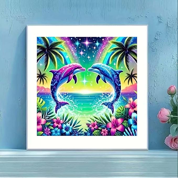 OJTOYART Dolphins Diamond Painting Kits for Adults,Cute Tropical Animals 5D Diamond Painting Kits for Beginners,DIY Round Full Drill Diamond Gem Art Crafts Paintings,Home Wall Decor 13.79X13.79Inch