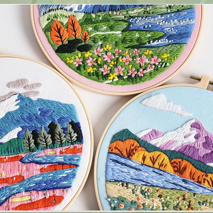 Konrisa 3 Pcs Landscape Embroidery Kits, Mountain Flower Village Pattern Cross Stitch Kit, DIY Sewing Practice Kits for Adults Home Decoration,Include Embroidery Cloth Threads and Needles,1pc Hoops