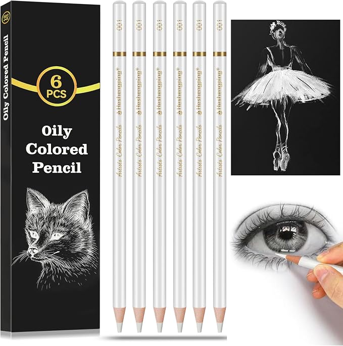 White Color Pencils, Professional 6 Pack Draw Pencil for Sketching, White Sketch Pencils for Sketching, Shading, Blending, Chalk for Beginners & Artists, Art Supplies for Drawing and Highlighting