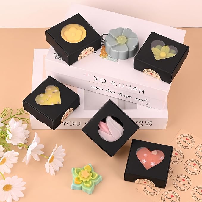 Moukiween Soap Boxes for Homemade Soap, Soap Packaging Gift Box with Window | 2.95 X 2.95 X 1.18 Inch Soap Packaging Gift boxes Black with Window, Small Square Soap Wrapping Boxes (30PCS)