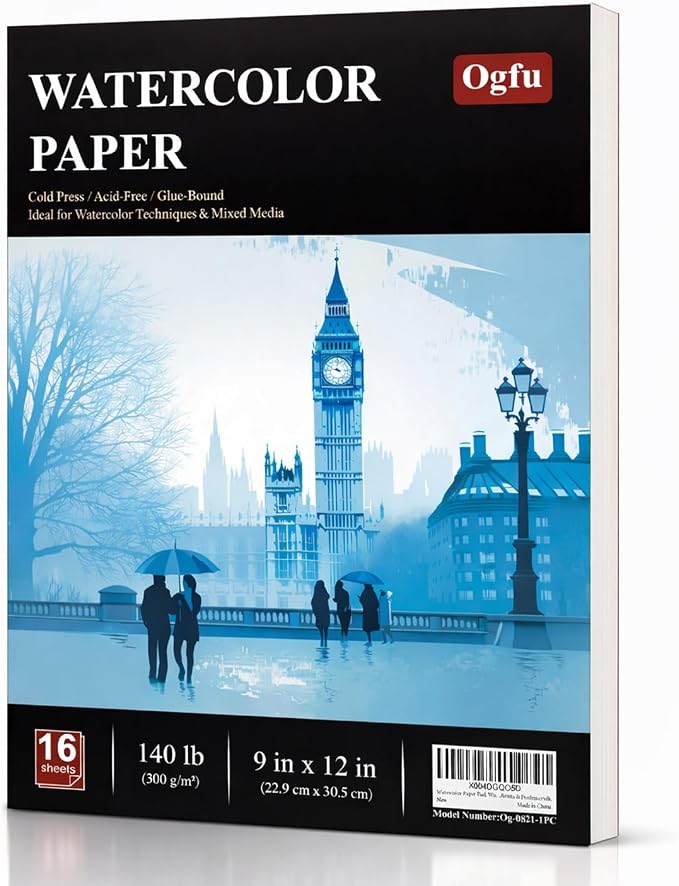 Ogfu Watercolor Paper Pad, 9"x12" Water Color Paper, 140lb/300gsm | Watercolor Sketchbook for Beginners, Students, Art Paper for Watercolor Painting, Drawing & Art Supplies,16 Sheets