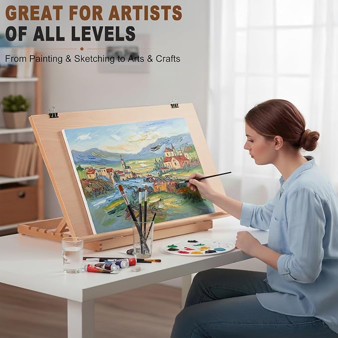 24.9"x17.3" Beechwood Tabletop Easel with Paint and Sketch Papers,Mask Tape | Extra Large Adjustable Art Easel Stand, Drawing Board for Painting, Sketching and Diamond Art