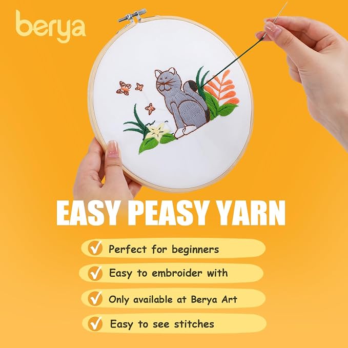 Embroidery Kit for Adult Beginners, Cat Embroidery Kit with Step-by-Step Instructions and Video, Printed Cloth, 7.87" Hoop, Display Stand, Color Threads, Threader & Needles for Craft Lover(BED001)