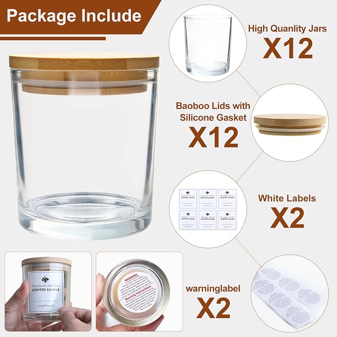 CONNOO 12Pack 10 OZ Clear Glass Candle Jars with Bamboo Lids | For Making Candles, Large Size Empty Candle Tins with Wooden Lids, Bulk Clean Candle Containers, Dishwasher Safe