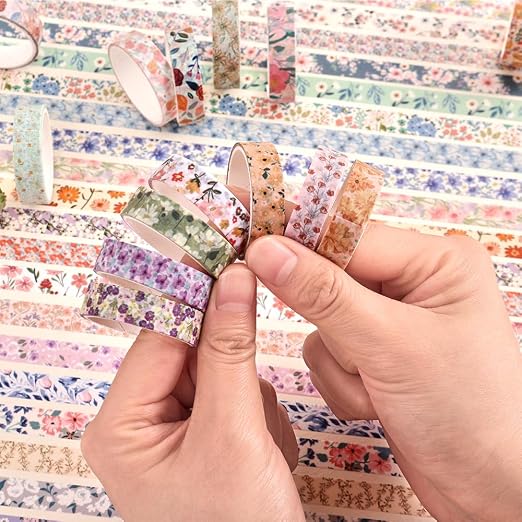 icceemee 60 Rolls Flowers Theme Washi Tape Set with Different Colorful Patterns, Writable Decorative Tapes for Scrapbooking, Junk Journal Supplies, Bullet Journaling, 0.39'' x 79'' per Roll