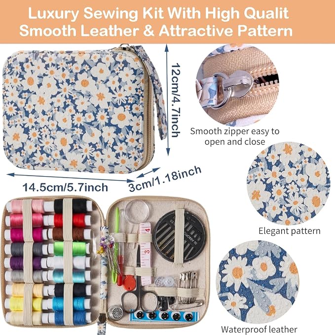 Daisy Sewing Kit Printing Sewing Kit,Professional Sewing Supplies for Adults, Zipper Sewing Needles Set, 87 PCS Travel Sewing Accessory for Emergency, Home