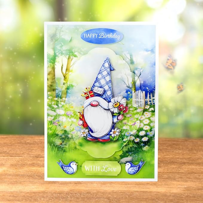 Katy Sue The Garden Gnomes Card Making Kit. Makes 8 Cards at 5 x 7 Inches. Contains Gnome Die-Cut Decoupage, Background Scenes, Cards, Envelopes & Foam Pads for Card Making Supplies. UK-Made.