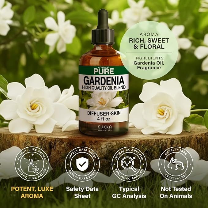 Kukka 100% Pure Gardenia Essential Oil for Skin, Diffuser, 4 Fl Oz | Undiluted Dropper Bottle - Gardenia Oil for Candle Making, Wax Melts, Massage Oil Blends & Body Care