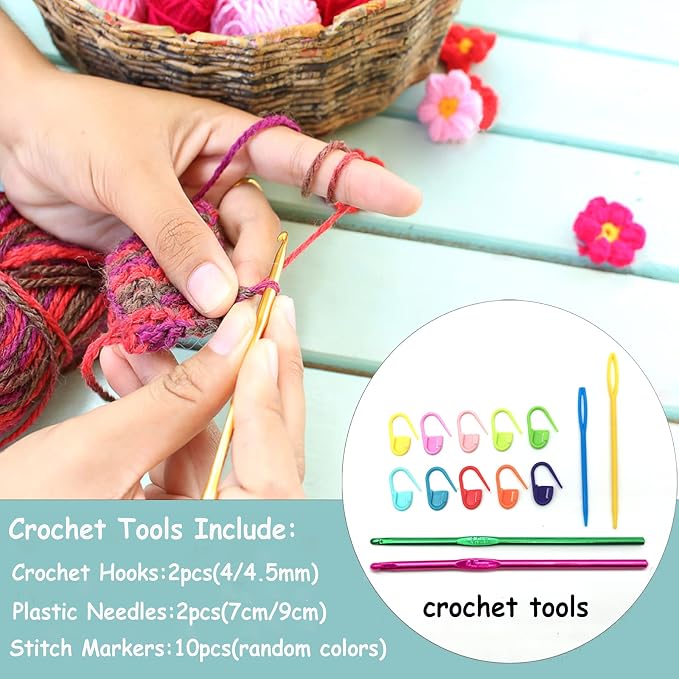 30 Acrylic Yarn Skeins,Multicolor Crochet Acrylic Yarn for Crocheting and Knitting,with Crochet Hooks Knitting Needles Stitch Markers,Crochet Starter Kit for Beginners(1950 Yards/750g)