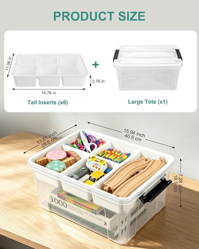EOENVIVS 17 QT Clear Craft Storage Organizer Box with Removable Tray, Plastic Storage Bins with lids for Kids Art Supplies, Toys, Beads, Tools, Sewing & Classroom Clear+Black Bulcket