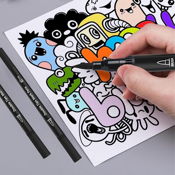 Black Double Tip Brush Pens Art Markers,12 Colored Artist Fine Brush Pen Coloring Markers for Adult Drawing Art Craft Kit