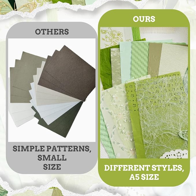 50 Sheets Unique Handmade Textured Scrapbook Paper & Mesh Fabric Set - Junk Journal Supplies Craft Paper for Scrapbooking Journaling Supplies for Junk Journal Retro Crafts（Green）