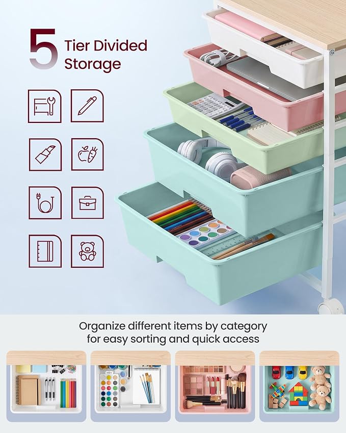 VASAGLE Rolling Cart with Drawers,5 Drawers Storage Cart, Multicolor
