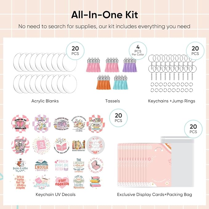YOPPIX 140 PCS Acrylic Keychain Blank Set, Book Double-Sided UV DTF Stickers Acrylic Keychain Making Kits for Vinyl DIY Craft Project
