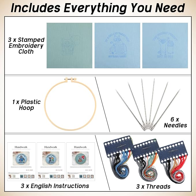 Mindsoft 3 Set Needlepoint Kit for Beginners with Hoop,Raccoon | Bamboo Hoop Thread Needles Instructions, Easy Hand Embroidery for Beginners Home Crafts,Pre-stamped Funny Cute Designs