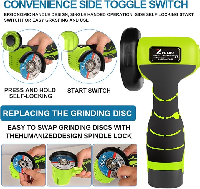 ZFULVO Cordless Brush Angle Grinder Kit, 19500rpm Mini Electric Angle Grinding Tool with 2pcs 16.8V 2000mAh Batteries and 6-Cutting Discs, Grinder Handheld Cutter for Metal Wood