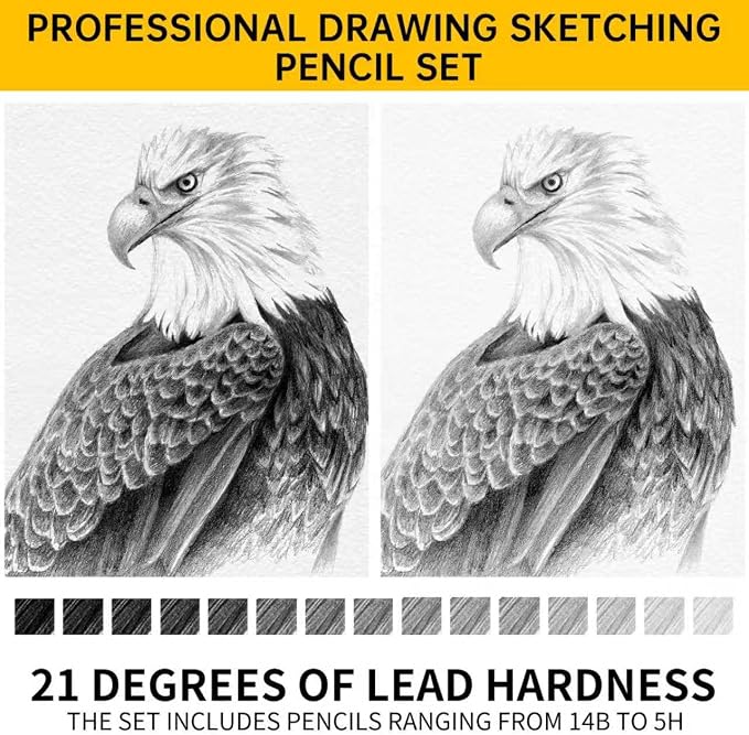 21pc Drawing Sketching Pencil Set Graphite 14B-5H & Charcoal Pencils | Professional Drawing & Sketch Pencil Set, White Charcoal Included, Shading & Blending, for Beginners & Artists