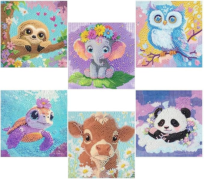 VividMeng 6 Pack Diamond Painting Kits for Kids Beginners,Full Drill Cute Animals Diamond Art Kits,Diamond Art Arts and Crafts for Kids Ages 4-8-12,Home Wall Decor 6x6 Inch