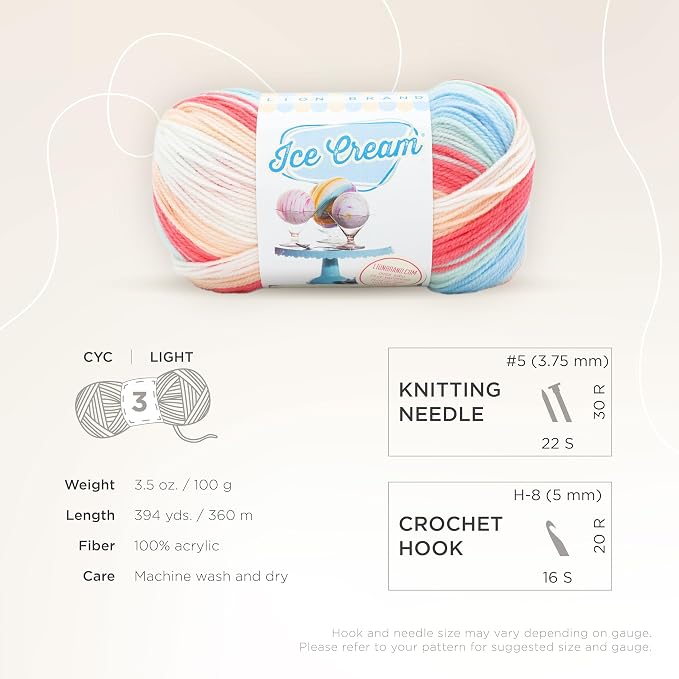 Lion Brand Yarn, Ice Cream Crochet Yarn, Twinberry Cheesecake, 1 Pack