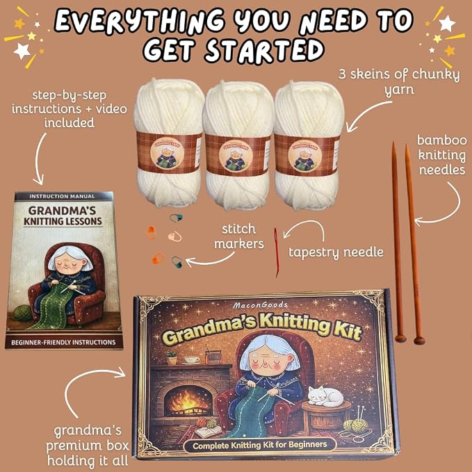 MaconGoods Grandma's Knitting Kit - Longer Scarf Kit - Complete Knitting Kit for Beginners - Includes Beginner Yarn, Bamboo Needles, Video Tutorial & Guide - Easy to Learn Knit Kit