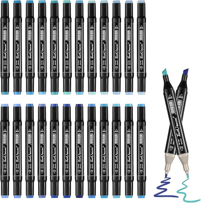 Blue Colors Alcohol Markers Set,24 Color Dual Tips Art Markers,Markers Pens for Artist Adults Coloring Illustration Painting DIY Crafts Making Art Supplies