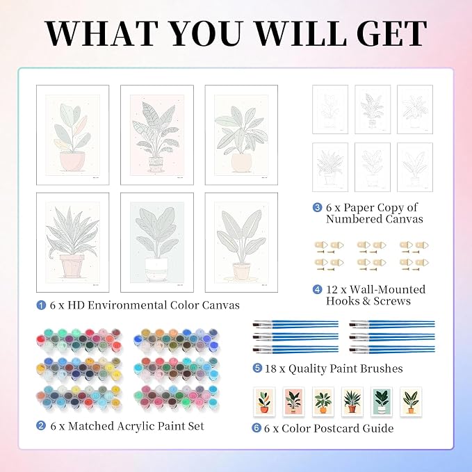 6 Pack Paint by Numbers Kit for Adults, Green Plants Canvas Painting Set | 8x12 Inch, DIY Acrylic Painting Craft Kit for Beginners without Frame, Relaxing Creative Hobby, Home Wall Decor, Gift