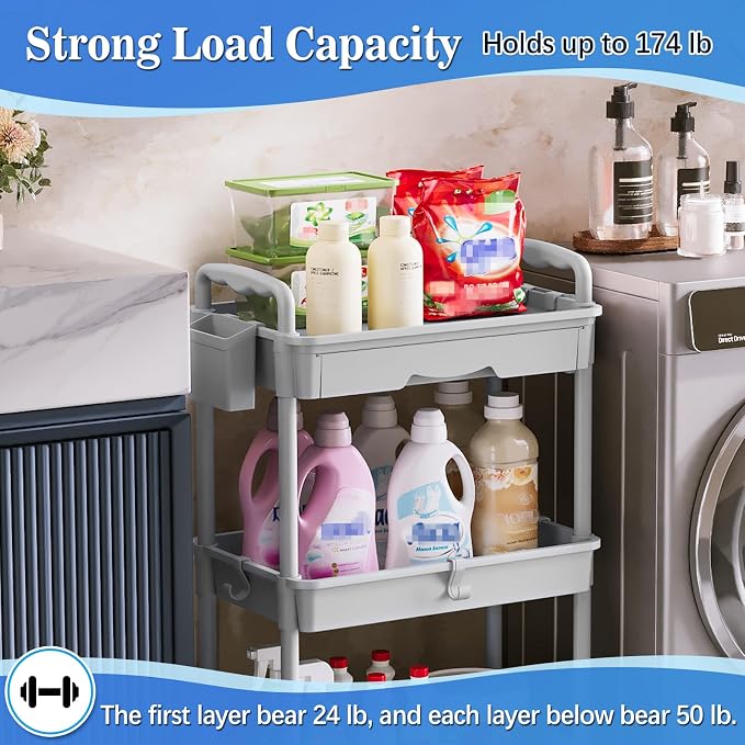 SUNALLY 3 Tier Rolling Cart with Drawer, Craft Storage Cart Organizer, Gray