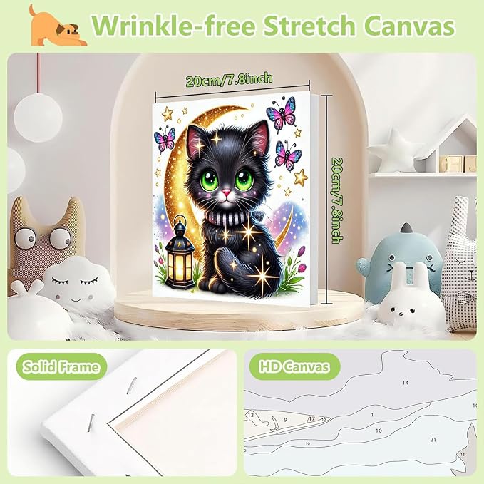 cviokrdu Cat Paint by Numbers Kit for Kids with Frame - Wooden Easel, Cats Paint by Numbers for Kids Ages 4 8 12, Easy Acrylic Oil Painting Kits for Home Wall Decoration 8x8 inch