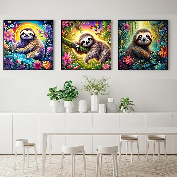 3 Pack Sloth Paint by Numbers Kit for Adults Framed Canvas, Frameworkless | Easy Adult Paint by Number Kits on Canvas DIY 3 Pack Sloth Painting for Beginners Art by Numbers for Home Wall Decor Gift