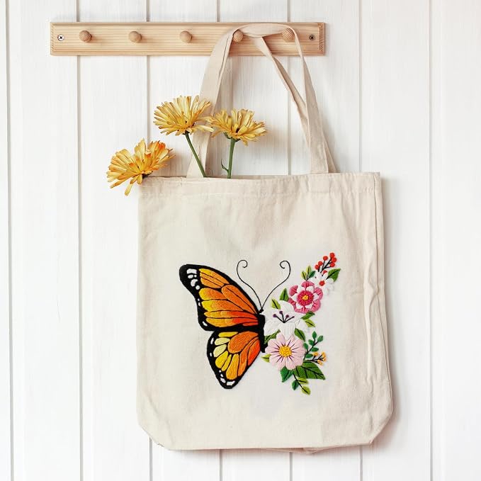 Louise Maelys Embroidery Kit Canvas Tote Bag for Beginners with Butterfly