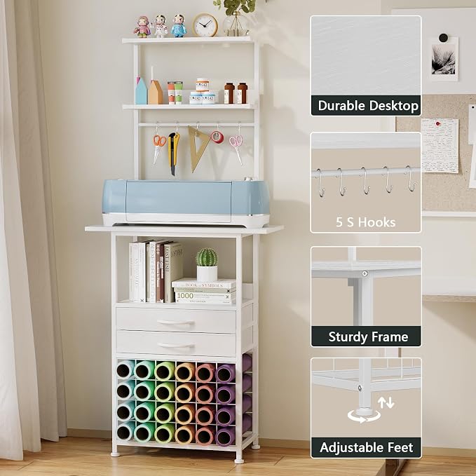 VENNQD Stand Compatible with Cricut Maker and Cricut Explore Air Series Craft Organizers and Storage with 2 Fabric Drawer and Shelves Crafting Table with Vinyl Roll Holder Workstation, White