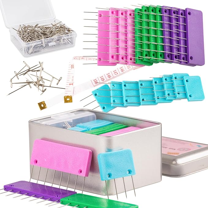 Svartur Crochet Blocking Pin Kit, with 20 Knit Blocking Combs &100 T-Pins and Tin Case, Rainbow Knitting Block Pins for Blocking Mats, Multicolor, White