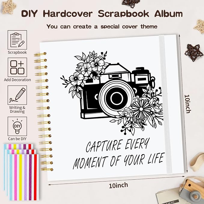 Scrapbook Album 10x10 inch, Travelling Journal Scrap Book Family Scrapbook Scrapbooking Supplies Kits Gift for Couples Anniversary Wedding (white, 10 x 10 inch)