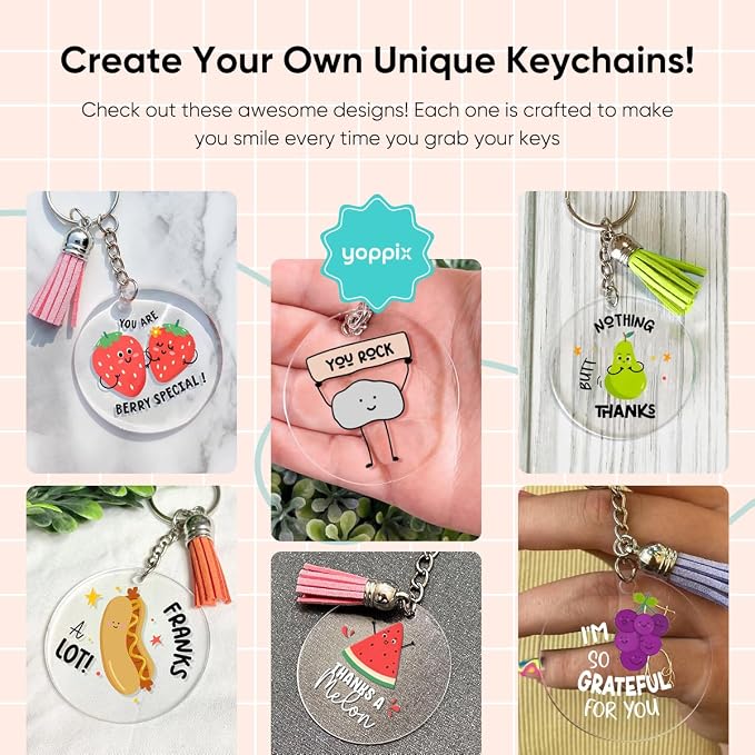 YOPPIX 140 PCS Acrylic Keychain Blank Set, Fruit Double-Sided UV DTF Stickers Acrylic Keychain Making Kits for Vinyl DIY Craft Project
