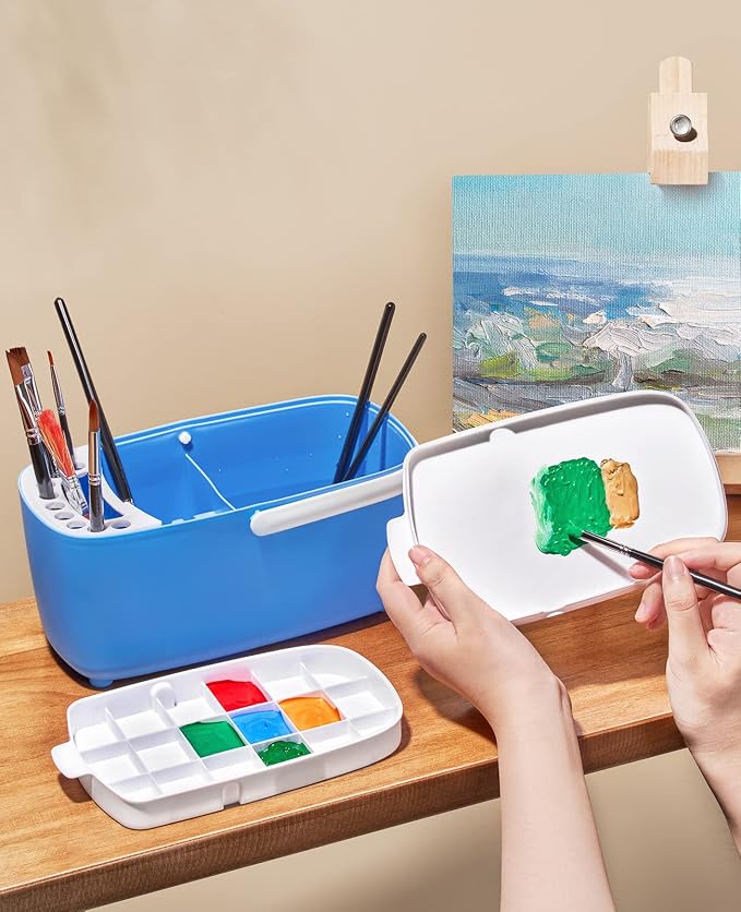 GAMENOTE Paint Brush Cleaner, Paint Brush Holder and Palette, Blue | All-in-one painting station washes and rests brushes, mixes colors, and stores paint in 18 wells with a portable handle.