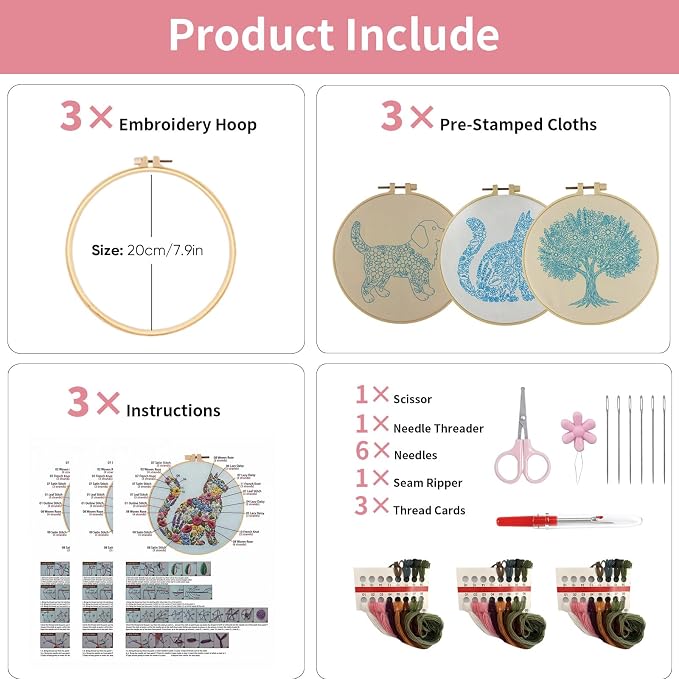 3 Packs Embroidery Kit for Adults, Embroidery for Beginners (Animal-1)