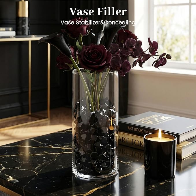 DOMESTAR Black Fake Ice Rocks, 150 PCS Acrylic Crystal for Vase Fillers