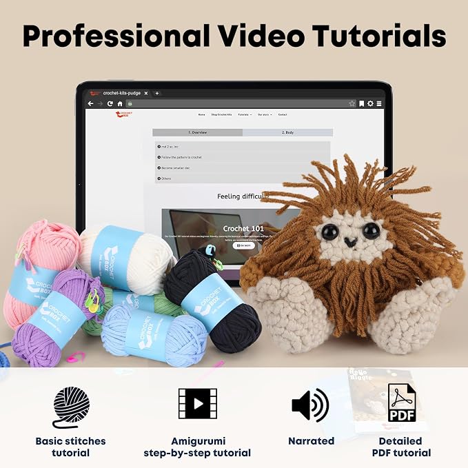 CrochetBox Crochet Kit for Beginner, Bigfoot Learn How to Crochet Stuffed Animals Gift for Adults and Teen(), Knitting Set with Yarn Hook Stitch-by-Stitch Video Tutorial