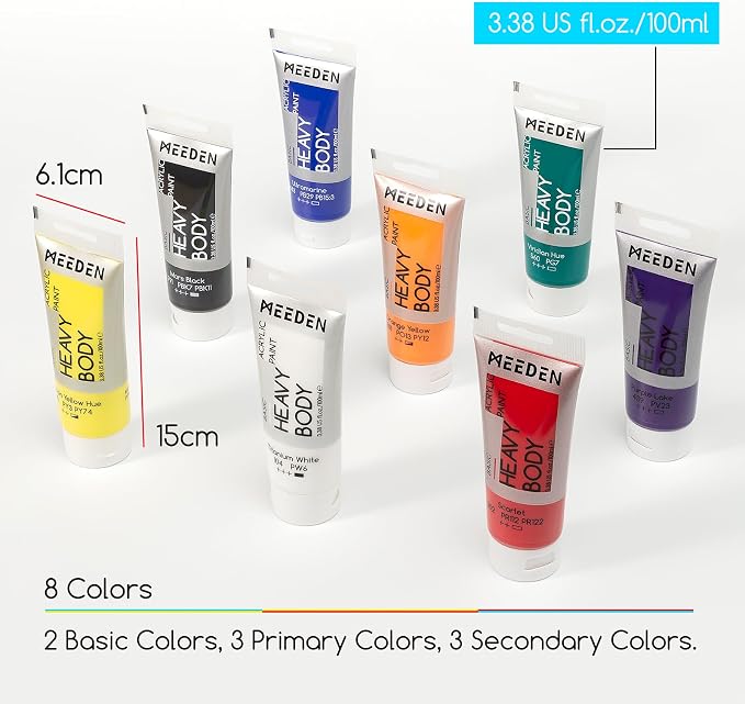 MEEDEN Thick Acrylic Paint Set: Satin Finish 100ml/3.38oz X 8 Tubes | Primary Colors Heavy Body Art Paint Tubes for Christmas Decoration Ornaments Painting