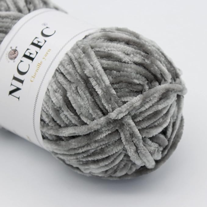 NICEEC 3 Skeins Soft Chenille Yarn 3 x85m (3X 93yds, 3X 50g)_Light Grey