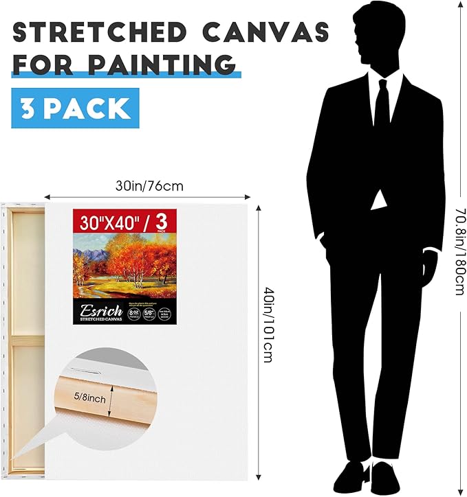 ESRICH Stretched Canvas for Painting 30x40 Inch, 3Pack Large Canvas for Painting, Primed Acid-Free Cotton Blank Canvases, Art Paint Canvases for Oil Paint,Watercolor,Acrylic Paint,Gouache and Tempera.