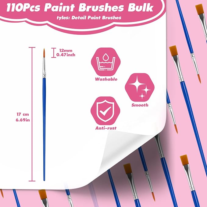 110Pcs Paint Brushes Bulk Small for Kids - Fine Detail Set for Classroom, Model, Canvas, Face, Nail Art, Acrylic, Watercolor, and Craft Supplies