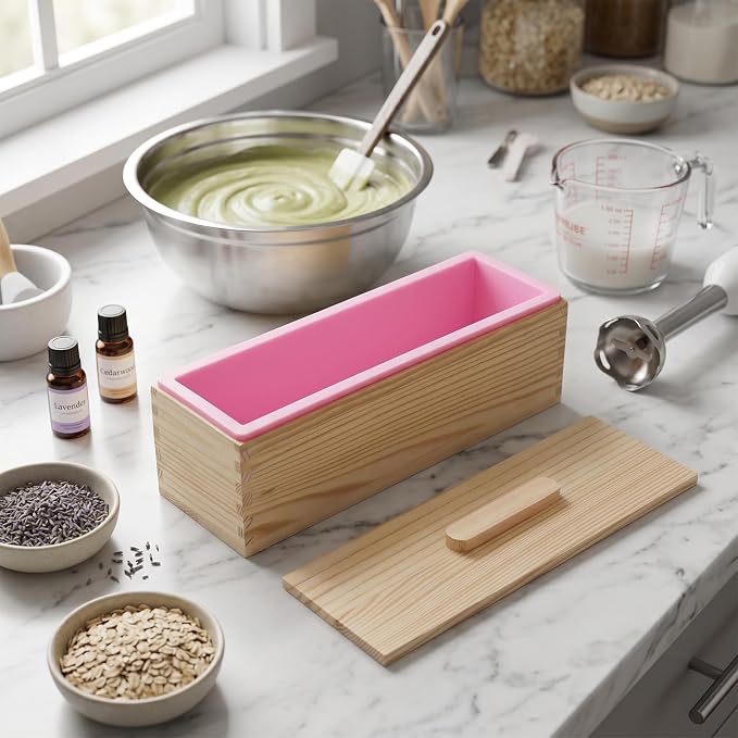 4PCS 42oz Silicone Soap Kit, Pink Rectangular Silicone Loaf Soap Making with 4 Wooden Boxes and 4 Lids, DIY Supplies for Soap Making