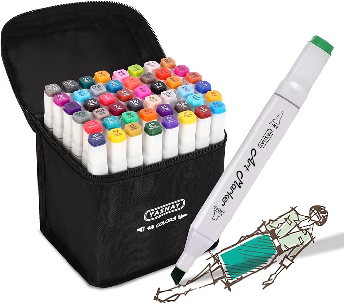 YASNAY Alcohol Markers 48 Colors Dual Tip Fine & Chisel Art Markers Set | Confirm to ASTM D4236 Refillable Permanent Alcohol Based Markers Set for Artists Beginners Drawing Illustration Sketching