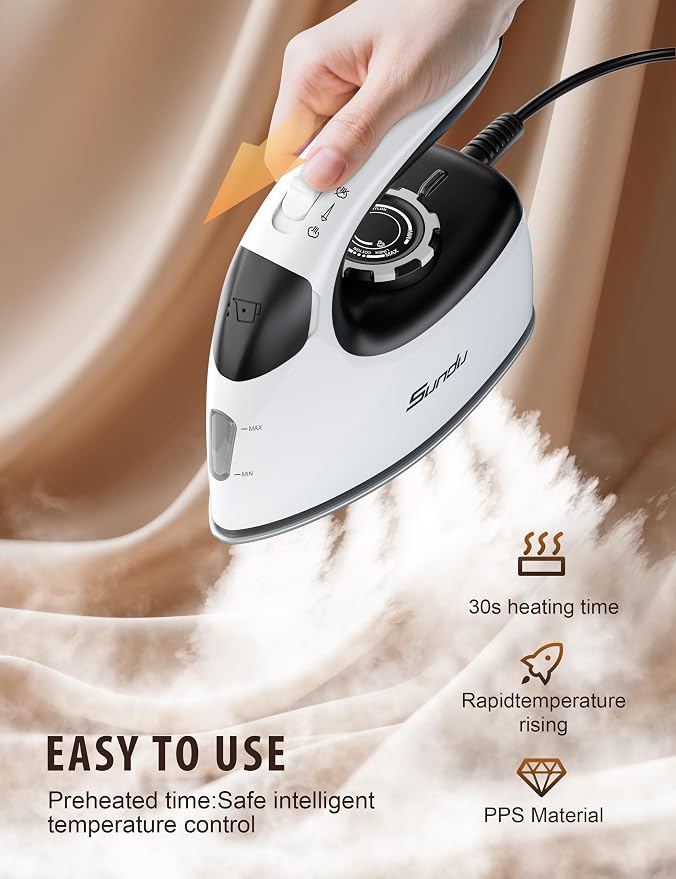 Sundu Mini Steam Iron with Rotary Temp Control for Travel & Sewing