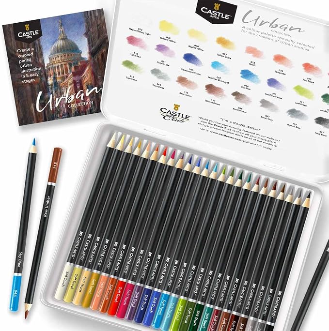 Castle Art Supplies - Urban Sketching 24 Colored Pencil Set in Tin Box, Premium Quality, Smooth Pigmented Cores, Perfect for Cityscape Art