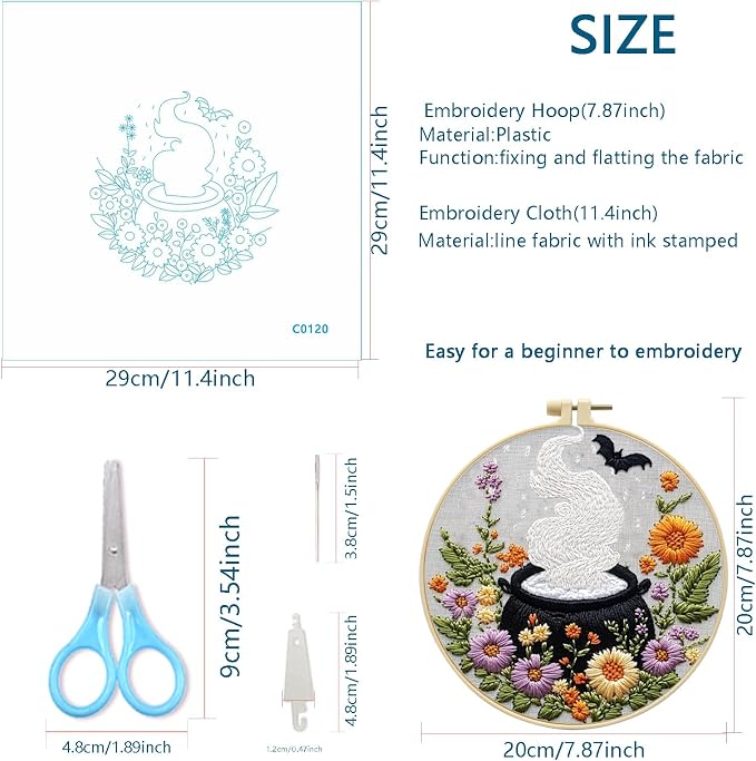 Zhenqing Halloween Cauldron Embroidery Kit for Beginners, Magic Pot Witch Decor Needlework Kit with Pre-Printed Cotton Fabric, Hoop, Threads & Tools, Spooky DIY Wall Art (C0120)