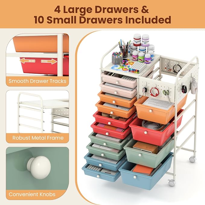 Giantex 14 Drawer Storage Cart, Rolling Craft Cart with Metal Tabletop & Pegboard, Mobile Utility Organizer Trolley with Locking Wheels, Home Office, Macaron Multicolor